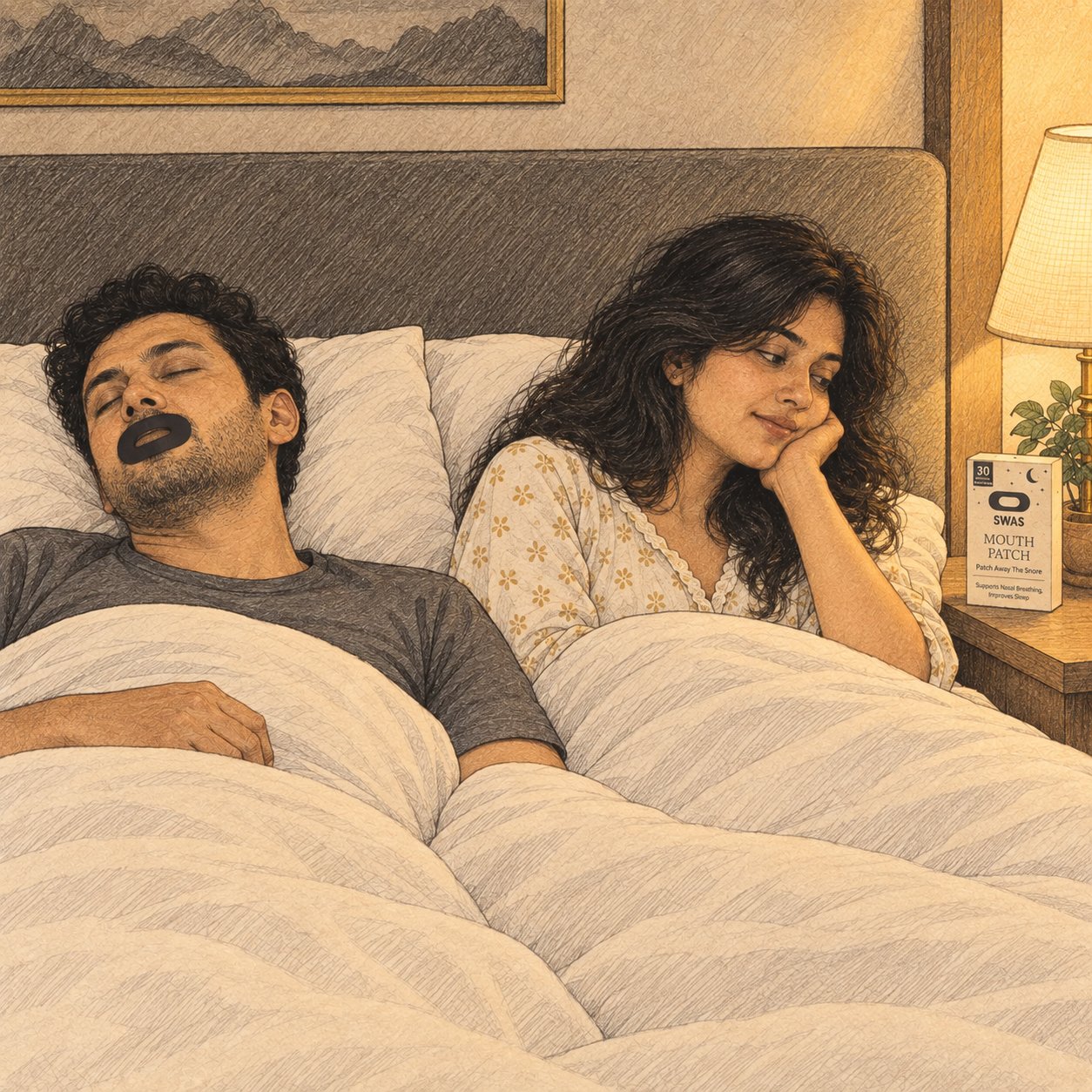 Man sleeping peacefully with a mouth patch applied while his wife looks on contentedly beside him
