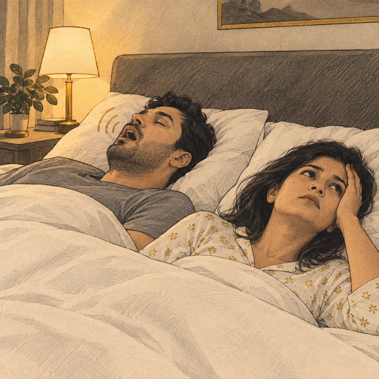 Illustration of a man snoring loudly while his wife lies awake beside him, exhausted and frustrated